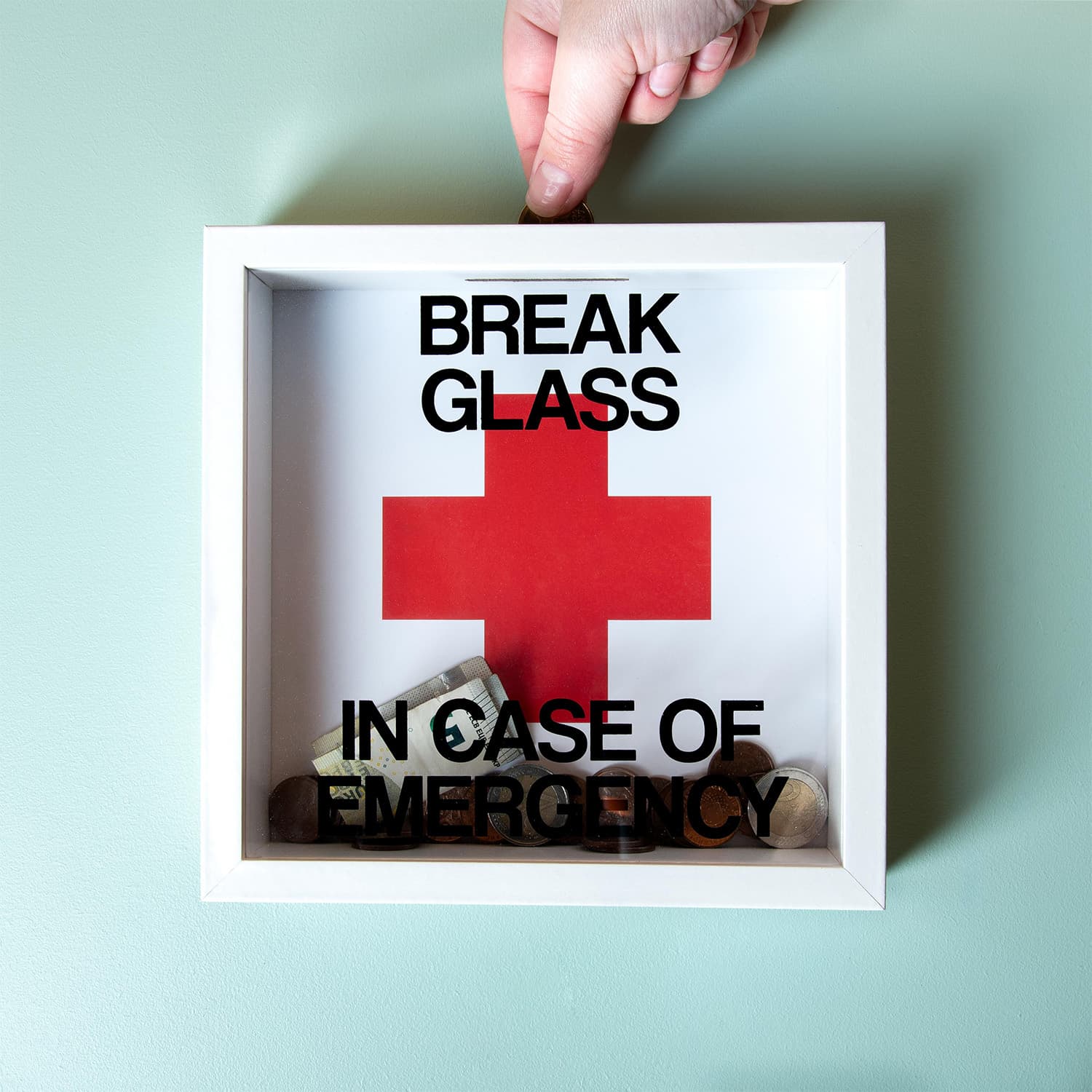 Houten spaarpot – In Case of Emergency