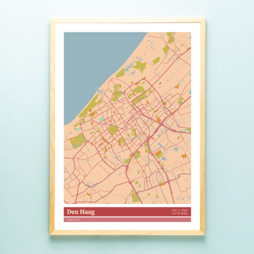 Poster plattegrond Den Haag - Kleur met blanke houten lijst