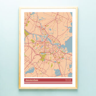 Poster plattegrond Amsterdam - Kleur met blanke houten lijst