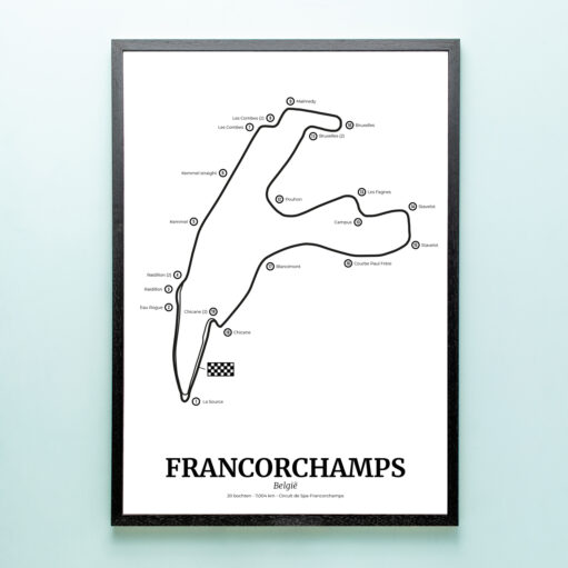 Poster Formule 1 circuit Belgie Francorchamps met zwarte houten lijst